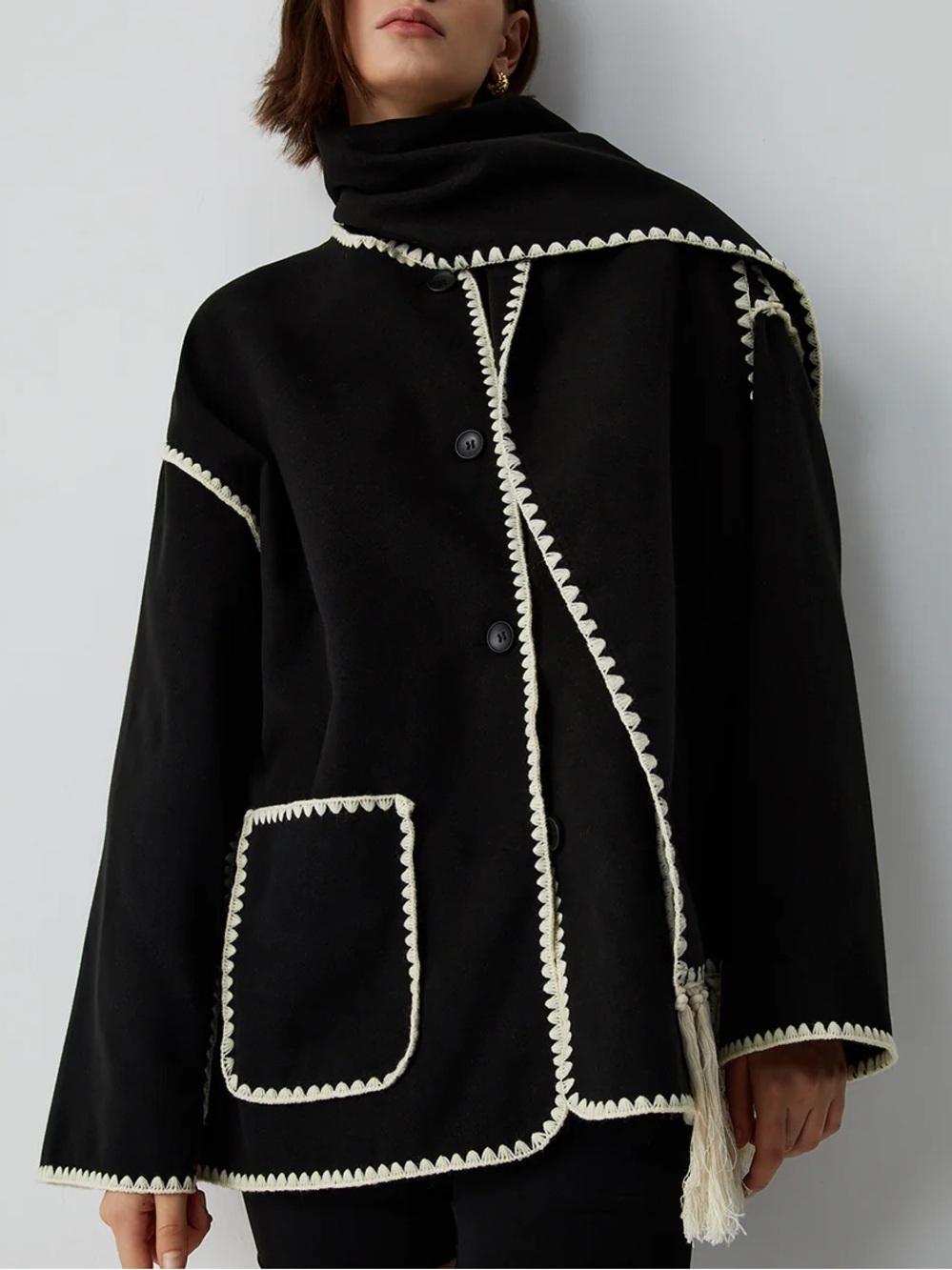 Commense - Black and Cream Contrast Trim Jacket with Matching Scarf